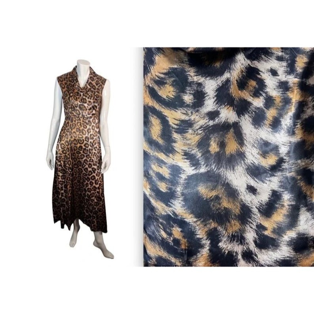 Vintage 60s Alice of California Leopard Print Satin Cowl Neck Long Dress sz XS/S